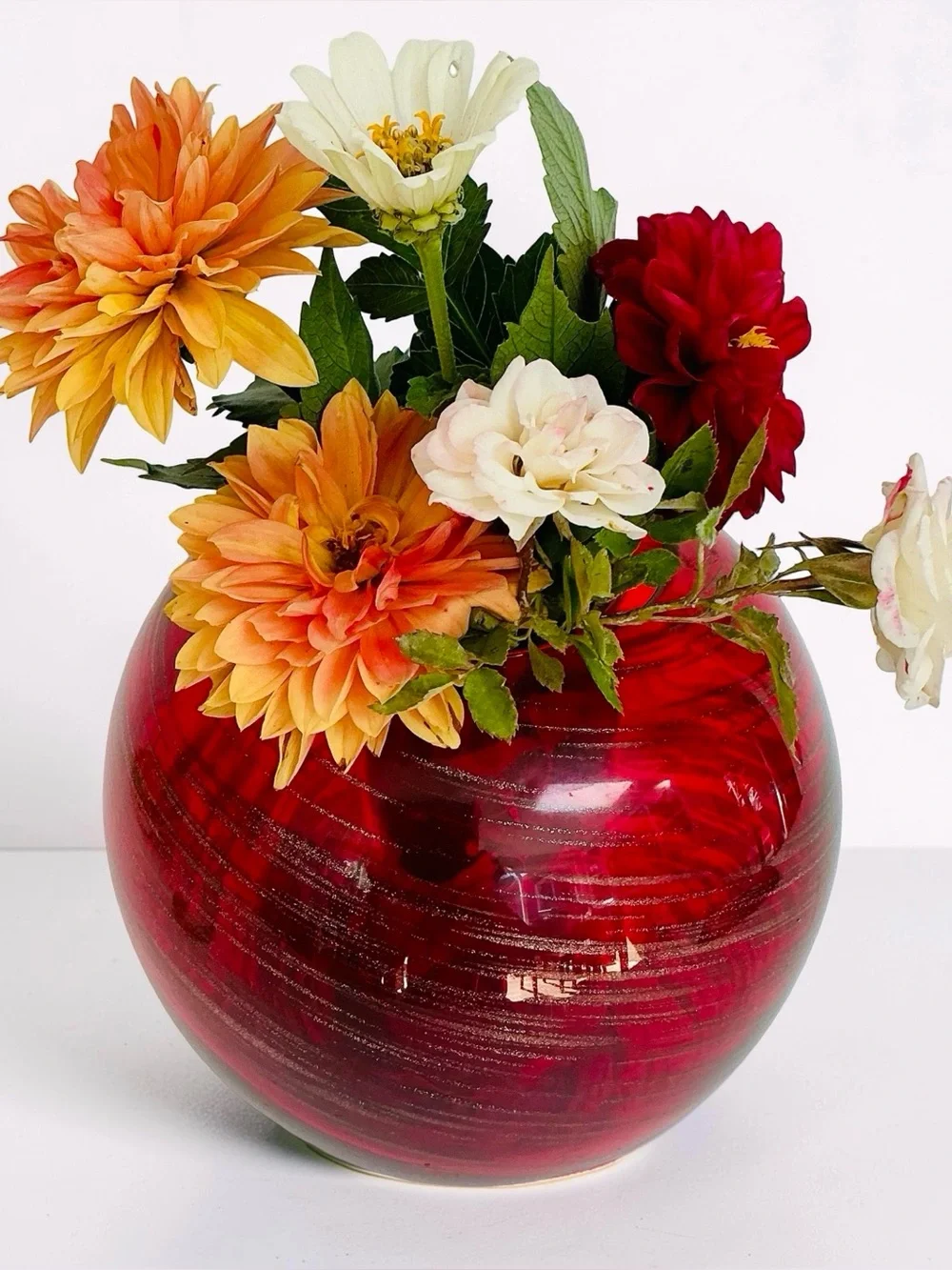 Red Glass Bubble Vase with Gold Swirl Hand Blown 6” Tall